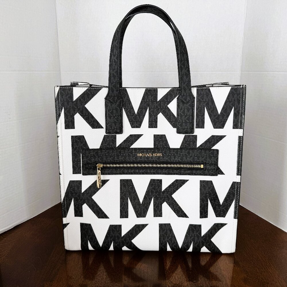 NWT Michael Kors Kenly Large Graphic MK Black & White Tote Purse *FLAW*